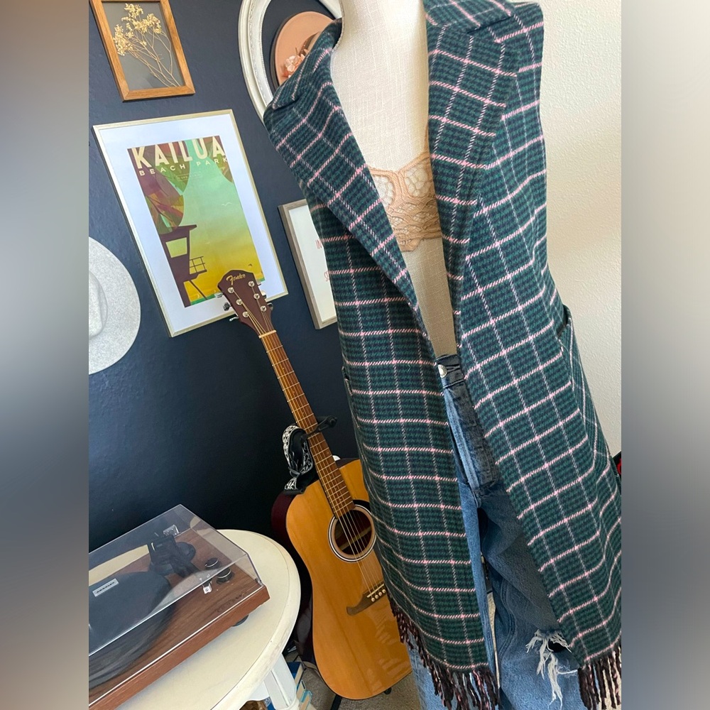 Anthropologie Helen Berman Fringe Plaid Vest XS